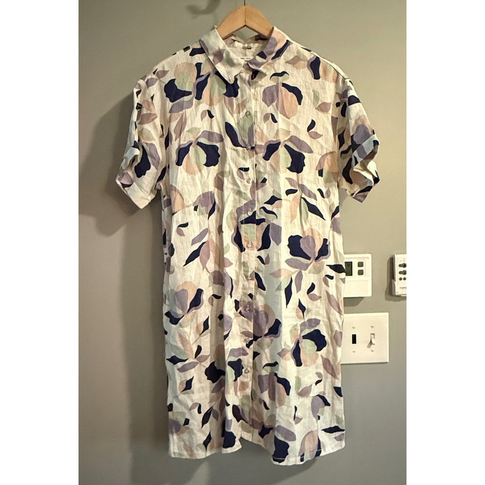 Rachel Zoe Shirt Dress Womens Floral 100% Linen Short Sleeve Button Front